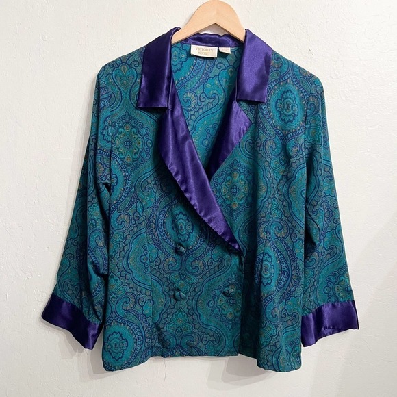 Vintage Victoria's Secret Gold Label Green Purple Paisley Shirt Top Button Small - Picture 1 of 8